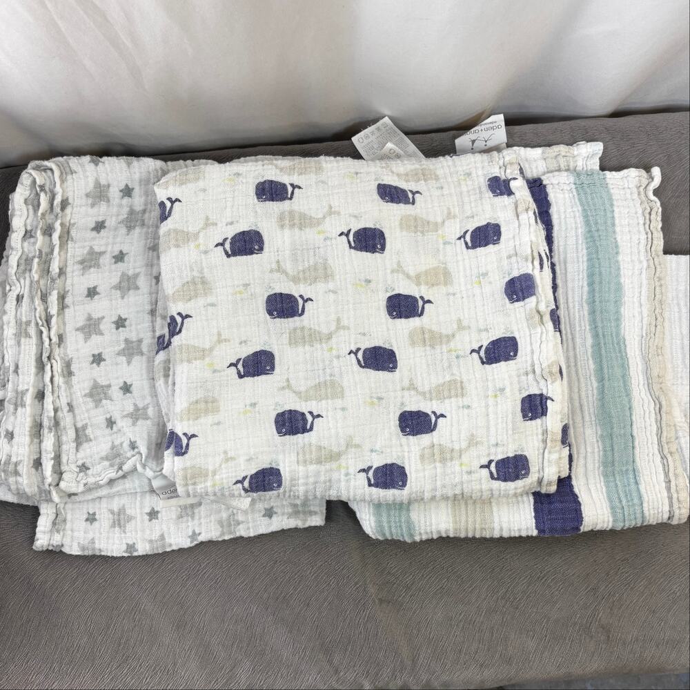 aden+anais Cotton Muslin Baby Blankets Neutral Stripe Star Whale GUC Lot of 3